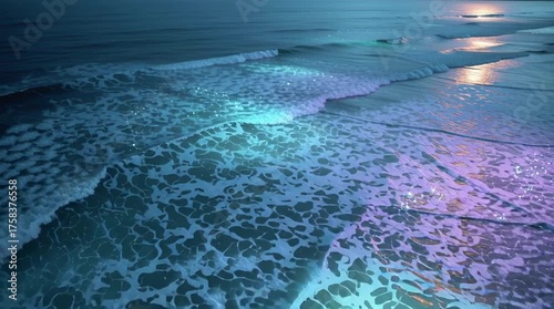 Serene ocean waves illuminated by colorful reflections at dusk.