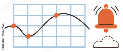 Grid chart with a fluctuating line and data points, alarm bell for notifications, and cloud icon. Ideal for analytics, tracking, notifications, alerts, progress, updates simple flat metaphor