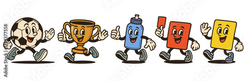 Vintage cartoon football mascot collection with soccer ball trophy red and yellow cards