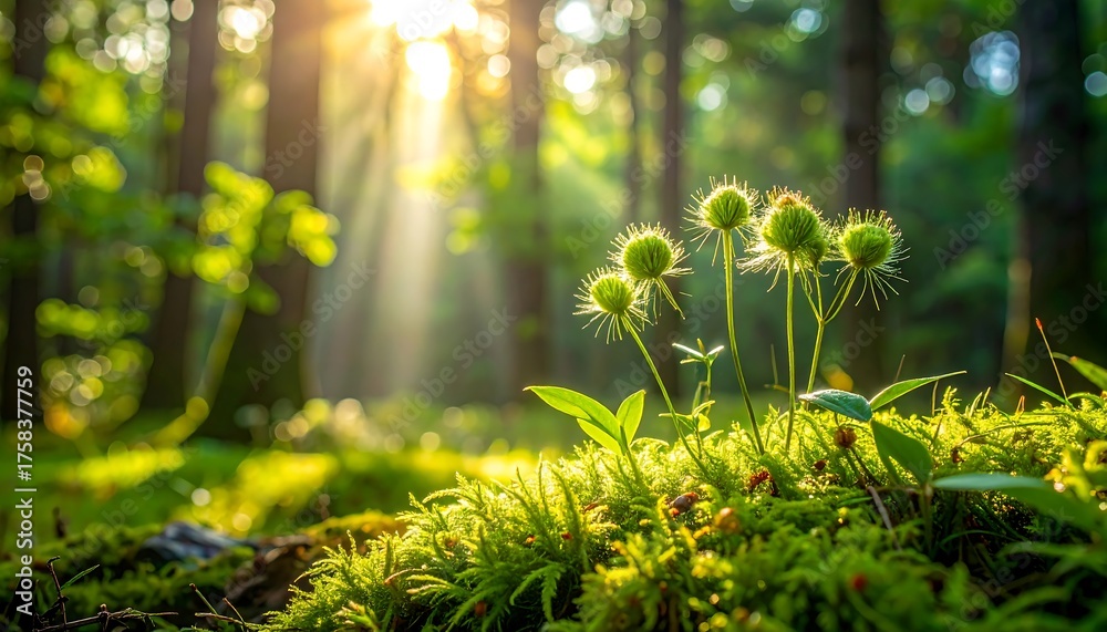 Obraz premium Sunlit woodland scene featuring moss, plants, and radiant rays