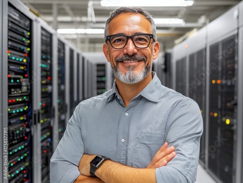 Confident Hispanic man in server room with arms crossed
