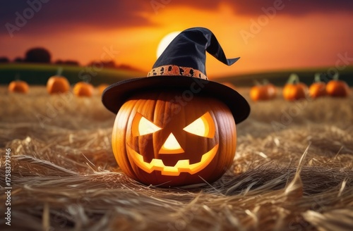 Happy halloween background with Scary halloween pumpkin. Jack o lanterns in a field