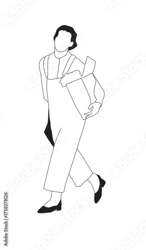 Woman carrying groceries in paper bag – Black and White Line Art Architectural Style Vector Illustration