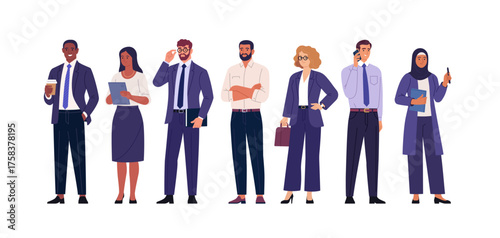 Vector cartoon illustration of a diverse business team in office outfits. Men and women standing together with coffee, folders, and phones, symbolizing teamwork, leadership, and communication. 