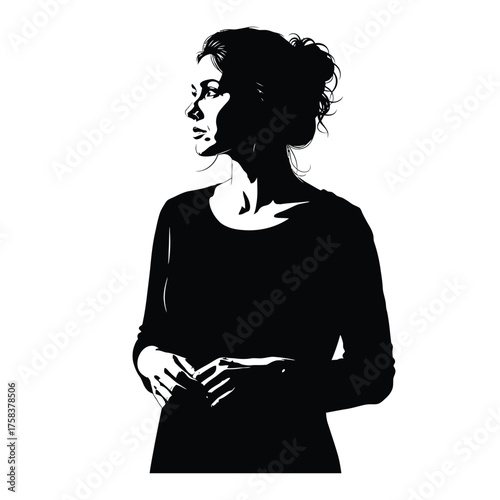 Black and white silhouette of a woman with her hair up looking to the left in a dark shirt