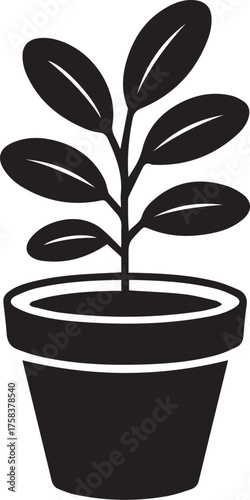 Hand drawn silhouette of a potted plant with green leaves growing indoors as a simple decorative element for nature and gardening concepts vector