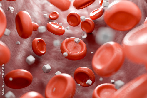 Close up of red blood cells with glucose sugar crystals in a blood vessel concept of hyperglycemia 3d render
