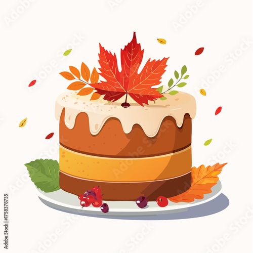 Tasty fall cake with autumn leaf topping