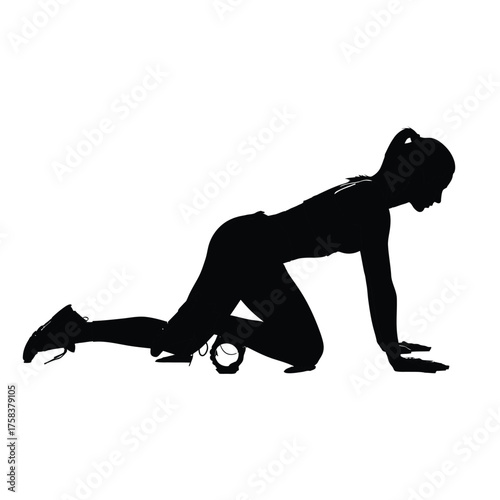 Silhouette of woman on all fours with foam roller under thigh against a white background