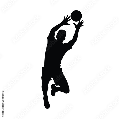 Silhouette of a person leaping to catch a ball with outstretched hands against a white background