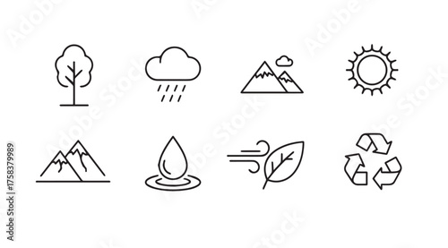 Set of simple outline icons representing nature elements ecosystems and weather phenomena vector