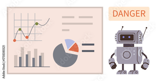 Robot beside charts with graphs, pie chart, and danger label. Ideal for technology, data, analysis, innovation, AI ethics risk management and future visions. Simple flat metaphor