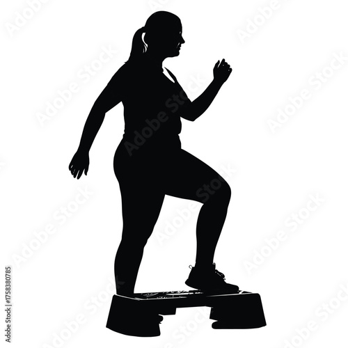 Silhouette of a woman stepping onto a step platform in a fitness or exercise routine pose