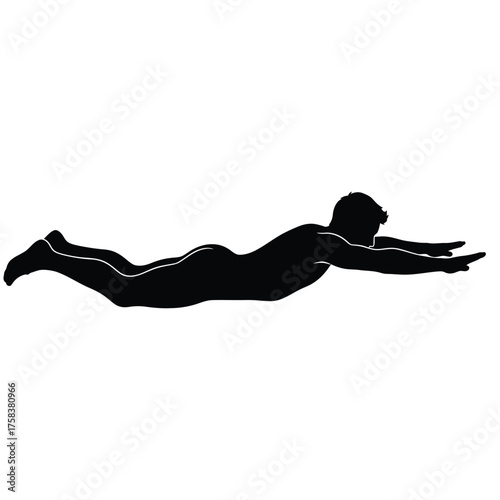 A silhouette of a person lying horizontally with arms outstretched and legs slightly bent back