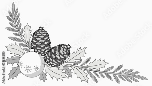 An elegant monochromatic Christmas corner featuring detailed pinecones, frosted holly leaves, evergreen sprigs, and a shimmering ornamental bauble on a white background.