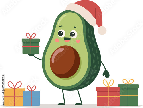 Cute cartoon avocado wearing a Santa hat and holding a gift with presents on the ground