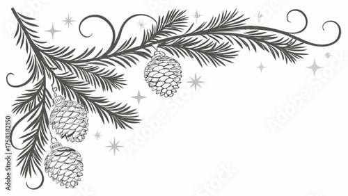 Elegant monochromatic Christmas corner border with stylized swirling fir branches, frosty pine cones, sparkling stars, and silver hanging ornaments on a white background.