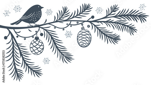 An elegant and detailed monochromatic Christmas border featuring a perched bird, hanging pinecone ornaments, and gentle falling snowflakes on a lush evergreen branch against a white backgrou