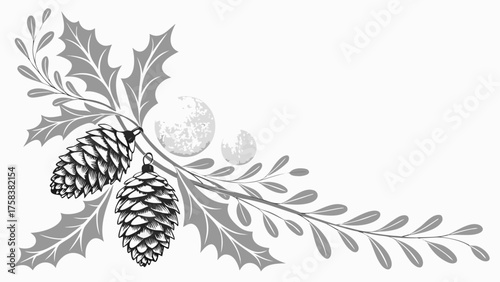 Monochromatic corner composition with pine cones, holly leaves, and a frosty sphere, perfect for elegant winter and Christmas design.