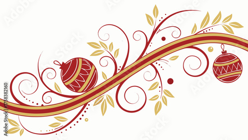 Ornate and luxurious Christmas horizontal border with swirling red and gold tendrils, delicate leaves, and decorative patterned hanging baubles on a white background