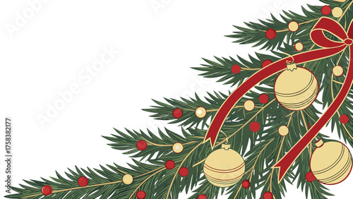 Festive corner border design with evergreen fir tree branches decorated with a red ribbon, shiny baubles, and holly berries.