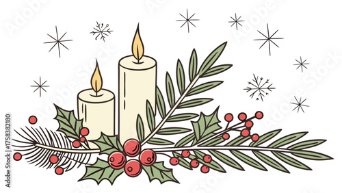 A warm and cozy Christmas composition with two lit holiday candles, green holly and pine branches, red berries, and gentle falling snowflakes on a clean white background.