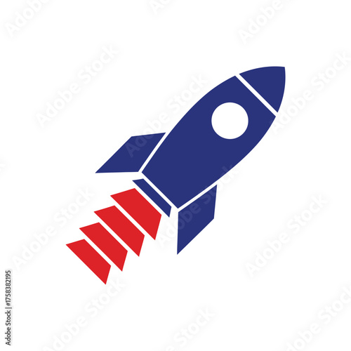 Blue rocket ship launching with red flames