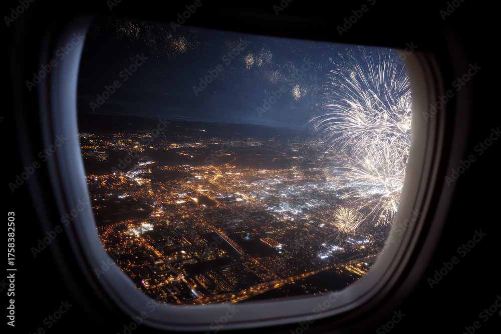 Naklejka premium Stunning Fireworks Over Cityscape from Airplane Window at Night