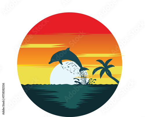 Retro Beach Sunset Illustration with Dolphin Jump and Tropical Sea Landscape