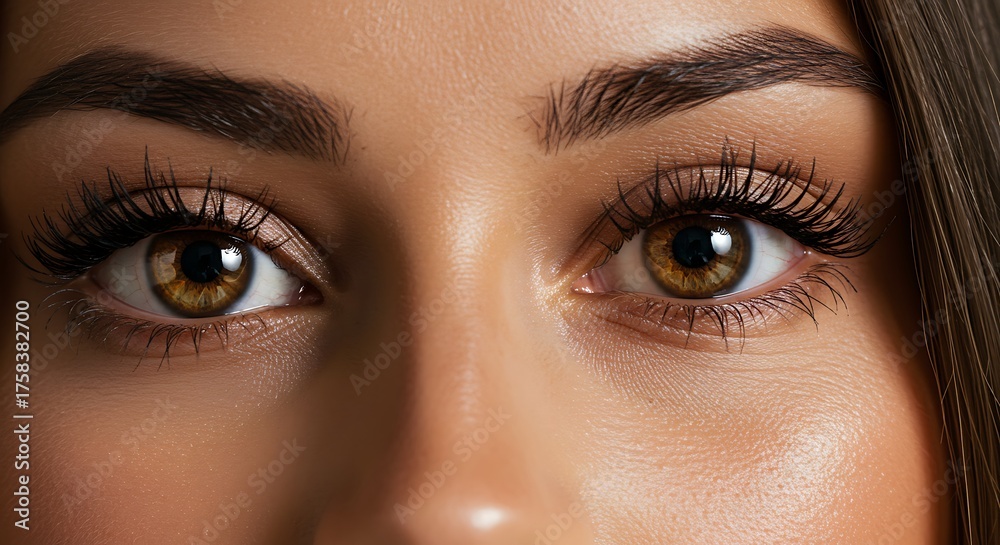 Fototapeta premium Close up of a womans eyes with long eyelashes and defined eyebrows
