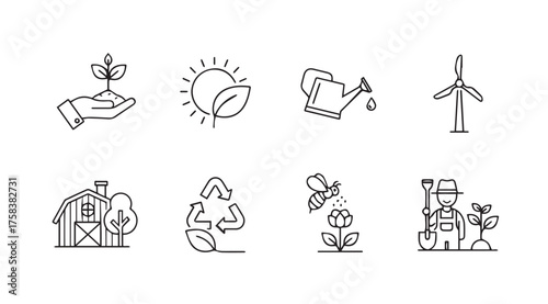 Set of hand drawn icons representing sustainable agriculture and eco friendly farming practices vector