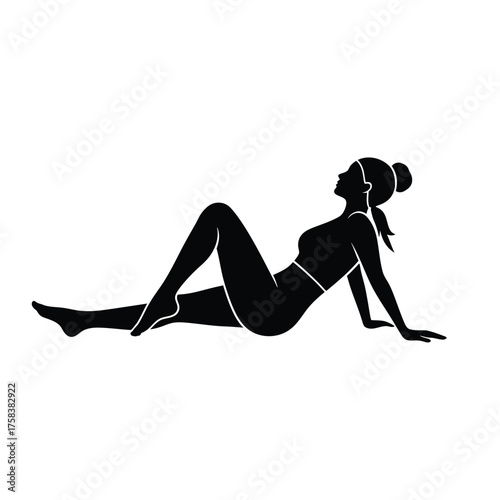 Black silhouette of a woman in swimwear reclining with her head tilted upward on white background