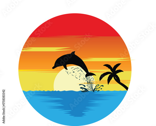 Sunset Dolphin Jump Over Tropical Ocean with Palm Tree Silhouette