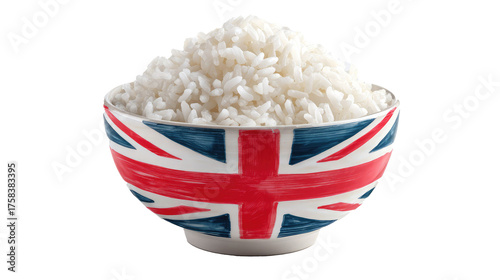 A bowl of white rice with a british flag on transparent background	