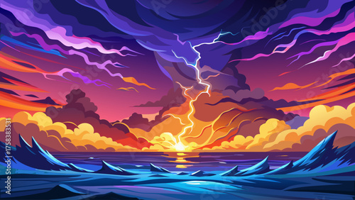 Lightning storm at sea during sunset, orange and purple sky merging with blue flashes, massive wave reflections creating cinematic natural beauty and power