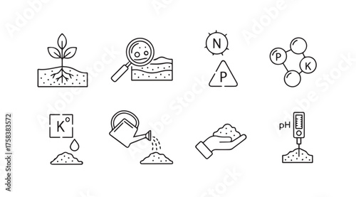 Hand drawn icons representing plant growth soil fertilization and agriculture science research vector