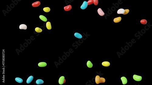 Vibrant jelly beans in multiple colors fill the screen on black background. Dynamic seamless 3D animation in 4K 60fps, perfect for candy promos, fun party visuals or motion design backgrounds.