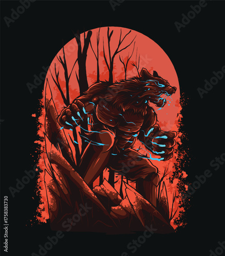 Angry Werewolf Under Blood Moon in Dark Forest Illustration