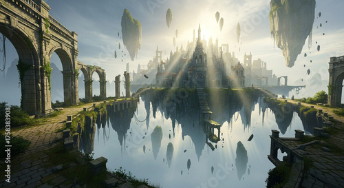 Magical Floating City: A breathtaking scene unveils a mystical cityscape floating gracefully amidst the clouds, a marvel of architectural brilliance mirrored in a serene, reflective lake. 