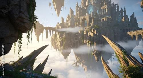 Fantasy Castle Amidst Clouds: A mesmerizing architectural marvel floats serenely in the sky, a castle with intricate details bathed in ethereal light.
