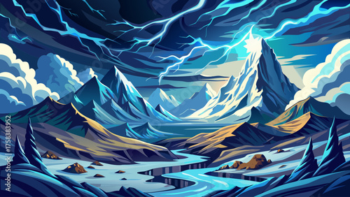 Lightning illuminating snow-covered mountains, electric light reflecting off icy peaks, storm clouds moving fast, surreal contrast of cold and energy