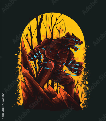 Ferocious Werewolf Monster with Glowing Claws at Night Horror Scene