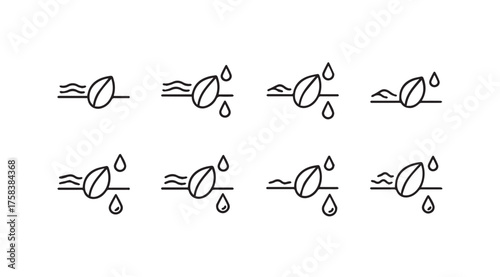 Set of eight coffee bean water droplet icons representing roasting and brewing processes vector