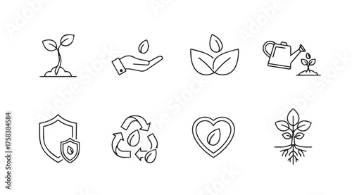 Set of simple hand-drawn icons representing nature growth and sustainability concepts vector
