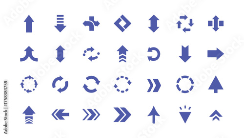 Collection of blue arrow icons and symbols on white background