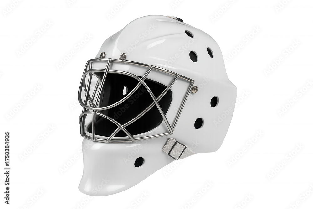 Fototapeta premium White hockey goalie mask with metal cage protecting the face, professional ice sport equipment on transparent background