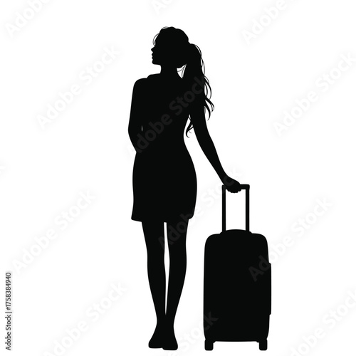 Silhouette vector illustration of a woman with rolling luggage standing ready for travel silhouette vector illustration white background