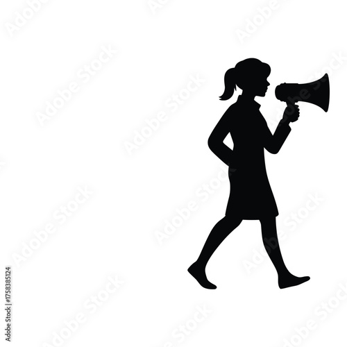 Silhouette illustration of a woman holding a megaphone announcing a message vector eps scalable icon silhouette vector illustration white background