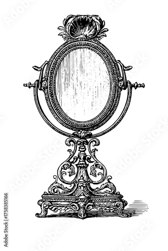 Ornate antique vanity mirror with decorative base and shell accent, perfect for vintage decor and beauty collections