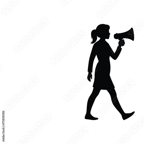 Silhouette illustration of a woman walking and holding a megaphone vector eps scalable icon for communication and announcement silhouette vector illustration white background